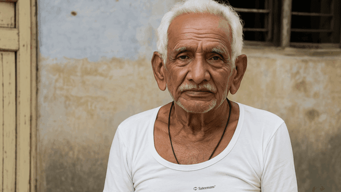 Elderly man with white hair and traditional attire, outdoors in India, showcasing Indian culture and heritage.