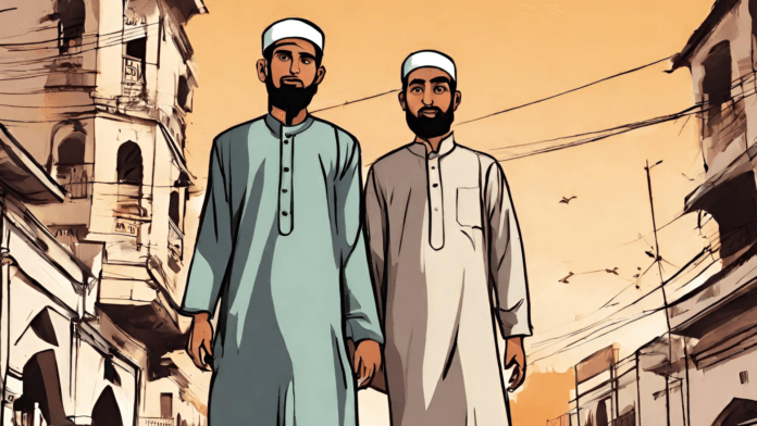 Traditional Muslim men in white and light blue kurta standing outdoors during sunset.