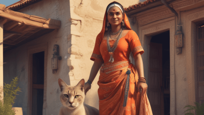 Vibrant Indian woman in traditional orange saree with jewelry standing outdoors with cat, historic architecture background.